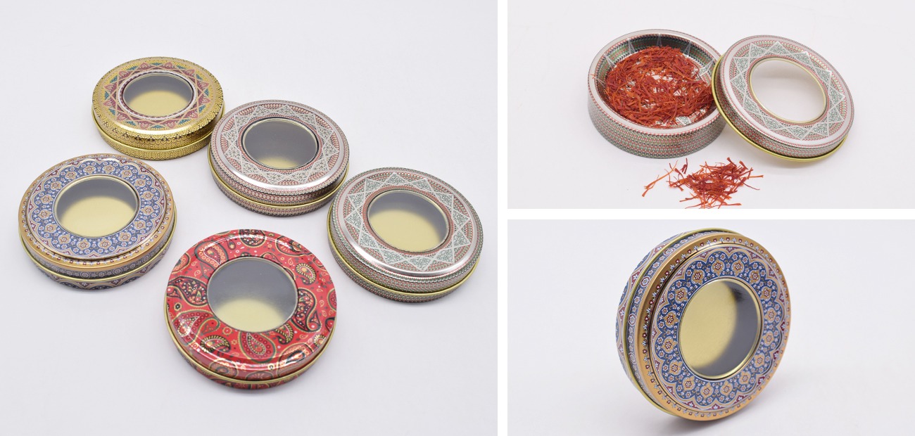 food-grade metal saffron tins details